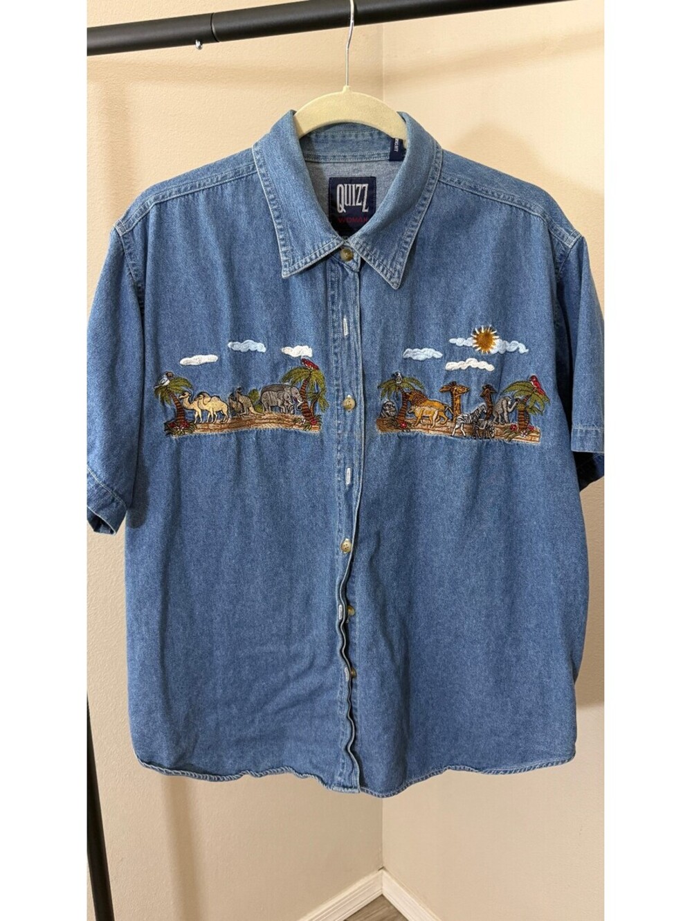 Vintage 100% Cotton Denim Shirt with Embroidered Safari Scene